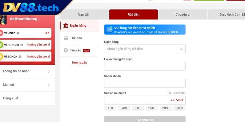 Nạp Rút Tiền DV88 2 Hướng dẫn rút tiền từ DV88