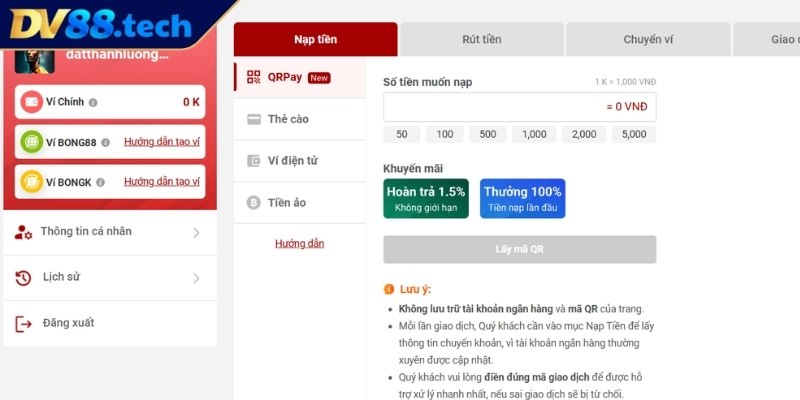 Nạp Rút Tiền DV88 1 Cách nạp tiền DV88 nhanh chóng